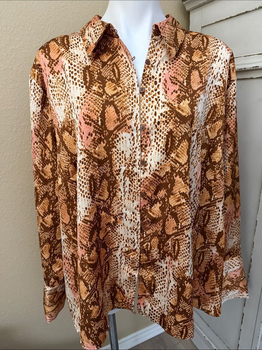 Worthington Brown and Pink Snake-Print Blouse